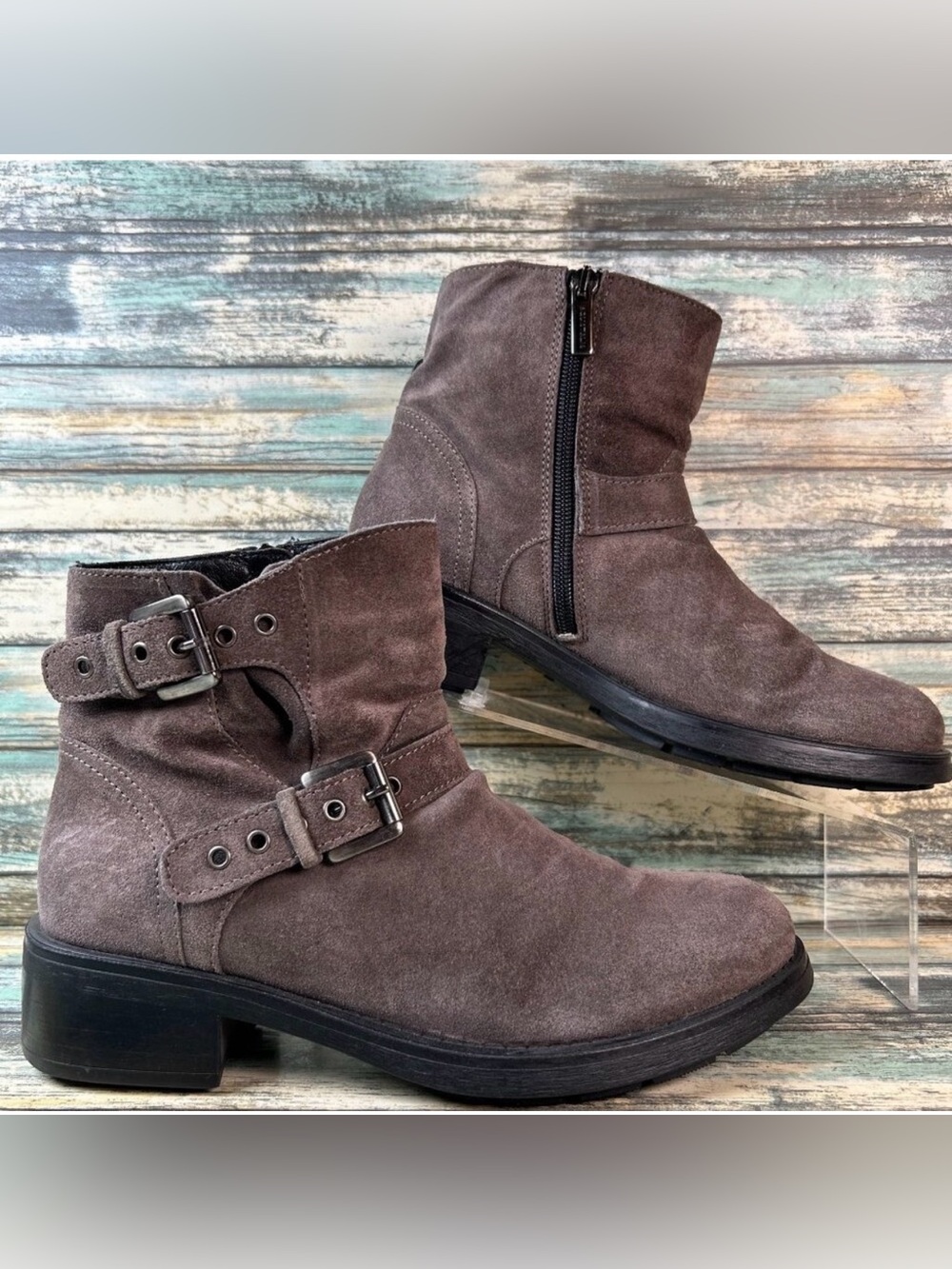 Aquatalia Weatherproof Boots Womens 7.5 Gray Suede Combat Moto Biker Grunge Zip